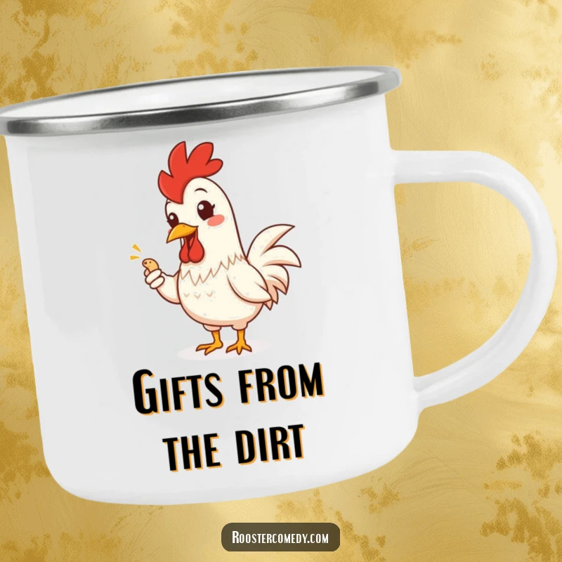 Funny Rooster Camping Mug: Enamel mug with a cheerful rooster offering a worm, perfect for outdoor humor.