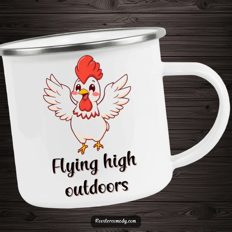 Funny Kawaii rooster flapping its wings with glee, on a sturdy enamel camping mug for active days.