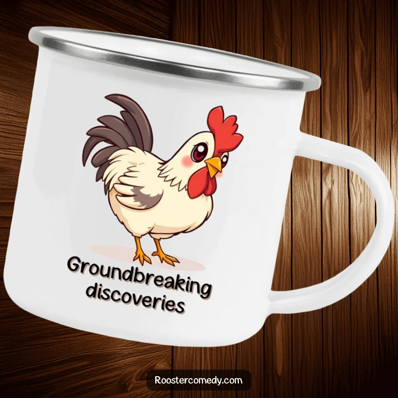 Funny curious rooster camping mug, an enamel cup showing a rooster with bright, curious eyes pecking the ground.