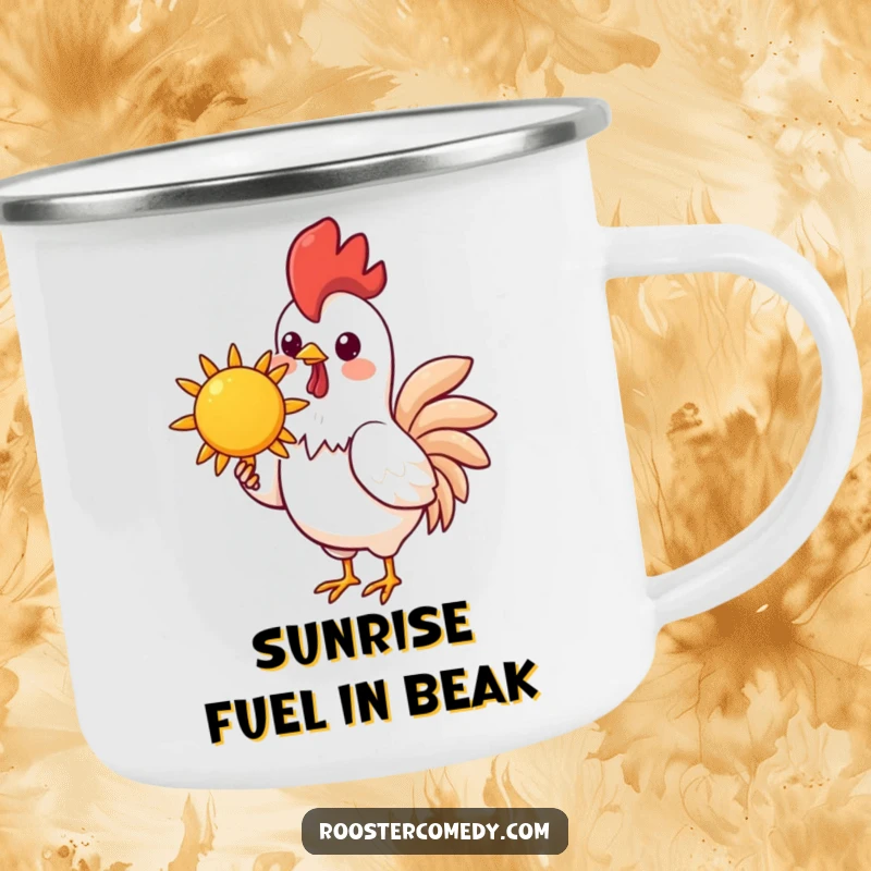 Funny Kawaii Rooster Camping Mug: A kawaii rooster holds a cheerful sun, bringing funny, bright vibes to your camping trips.