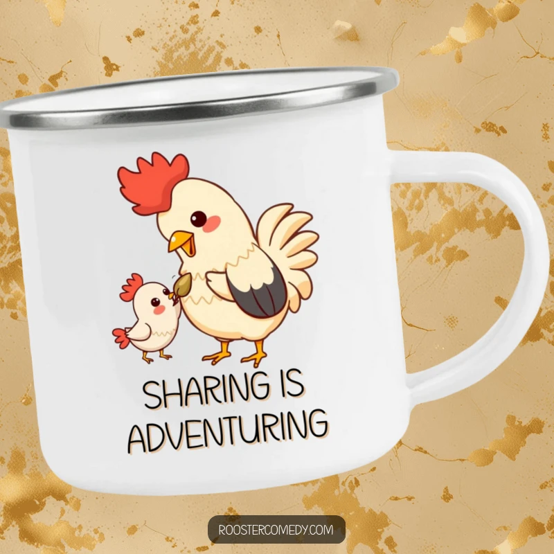 Funny Kawaii Rooster Camping Mug: A sturdy mug featuring a rooster sharing a seed, for cozy outdoor moments.
