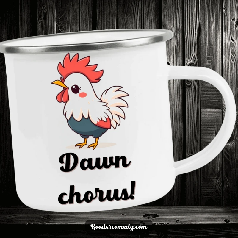 Funny kawaii rooster camping mug, a rugged cup with a crowing bird and spiky crown, great outdoor gift.