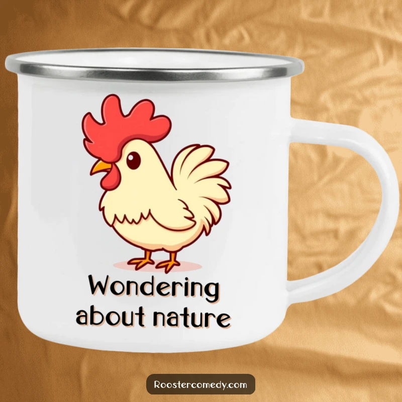Funny Kawaii Rooster Camping Mug: A cute rooster tilting its head, comb raised in curiosity, perfect for outdoor contemplation. A great funny gift.
