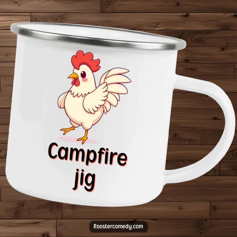 Funny Kawaii Rooster Camping Mug: A cute rooster dancing with wings flapping, perfect for outdoor celebrations. A great funny gift.