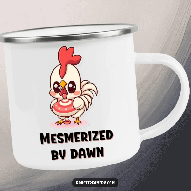 Funny Kawaii Rooster Camping Mug: A cute rooster with wide eyes watching a spinning top, perfect for outdoor contemplation. A great funny gift.