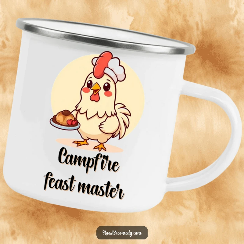 Funny Kawaii rooster in a chef hat, presenting food, on a sturdy camping mug.