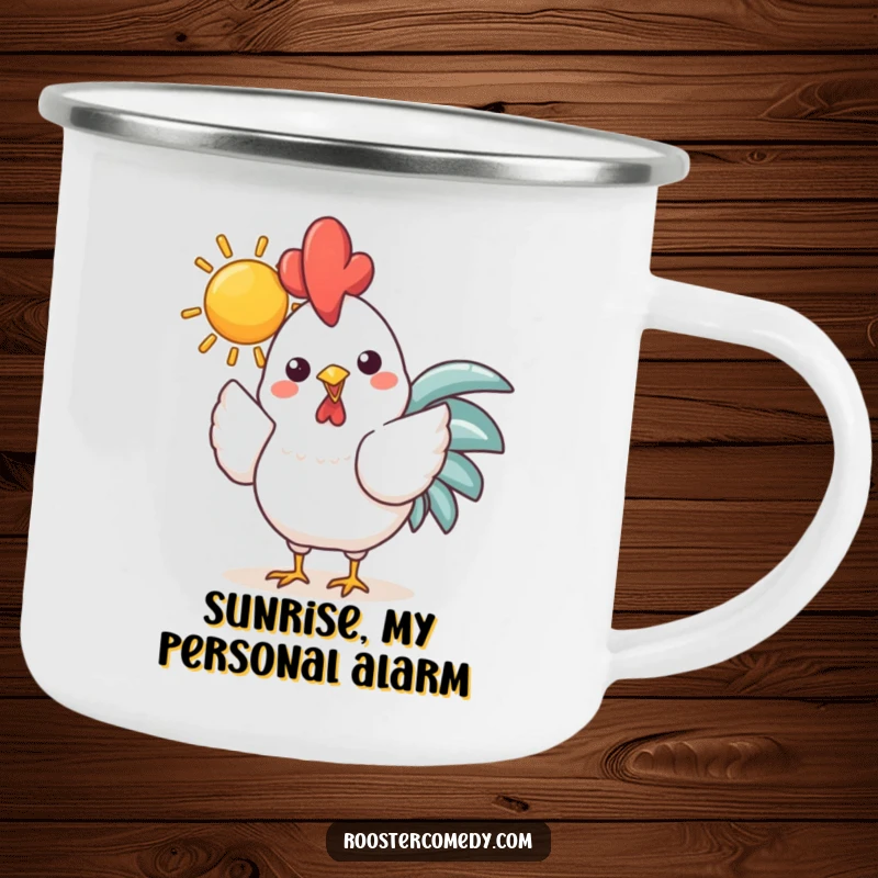 Funny Kawaii Rooster Sun Camping Mug: Cheerful chicken holding a bright sun in its beak, durable and fun for outdoor trips, bringing warmth.