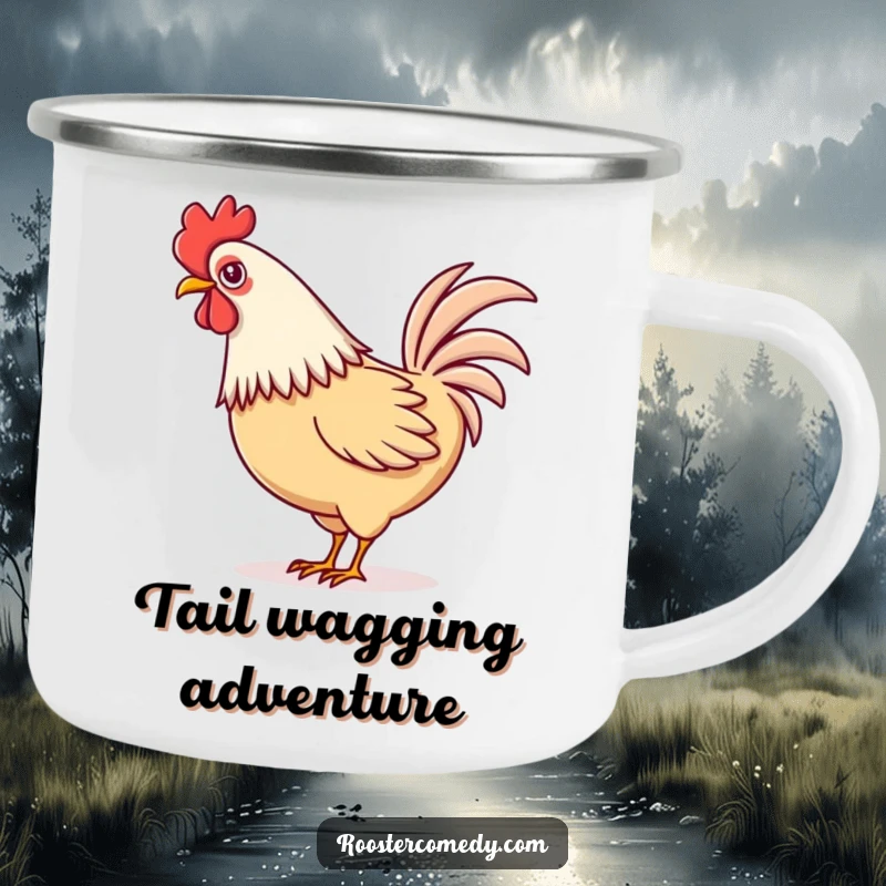 Funny Kawaii rooster camping mug showing a cute rooster playfully wagging its tail feathers.