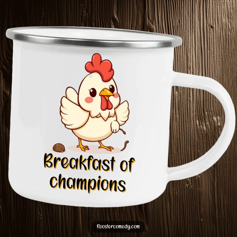 Funny Kawaii rooster camping mug showing a cheerful rooster happily chasing a worm, ideal for camping.
