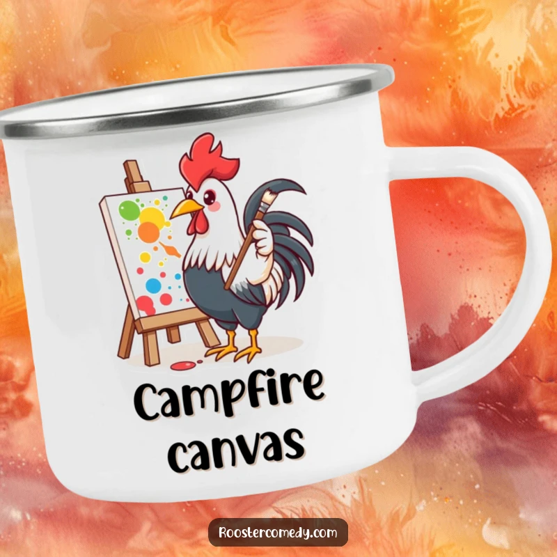 Funny camping mug featuring an enthusiastic rooster painting, perfect for outdoor creative sessions.