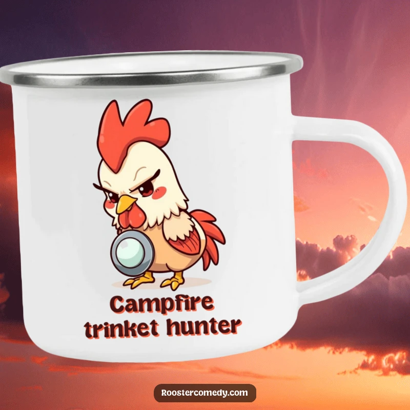 Funny rooster camping mug, a mischievous rooster pecking a shiny button, ideal for outdoor adventurers.