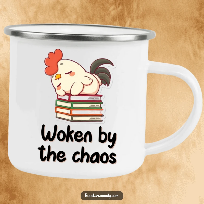 Funny camping mug with a dozing rooster, fluffy tail, accidentally toppling books, built for outdoor humor.