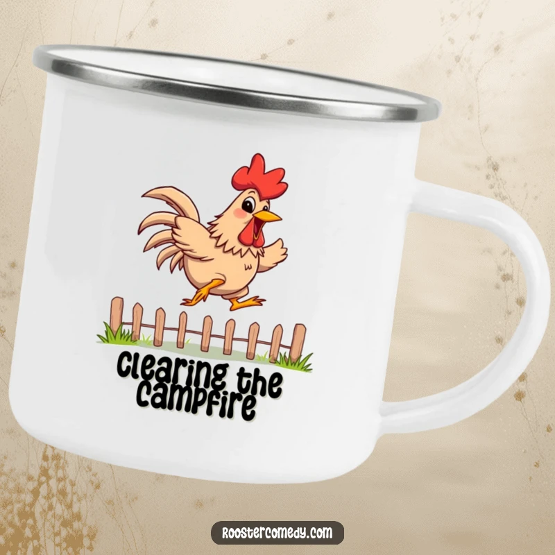 Funny Camping Mug of a rooster with a wide, energetic grin, jumping over a low fence, ready for outdoor fun.