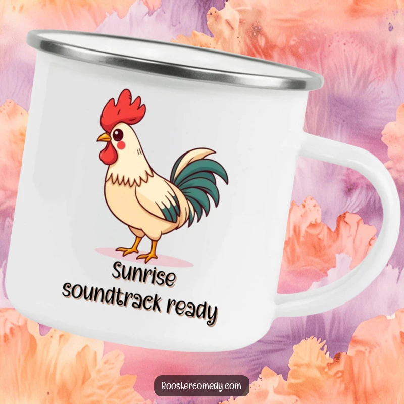 Funny Camping Mug showing a charming rooster with a tilted comb, whistling merrily while strutting, ready for any outdoor adventure.