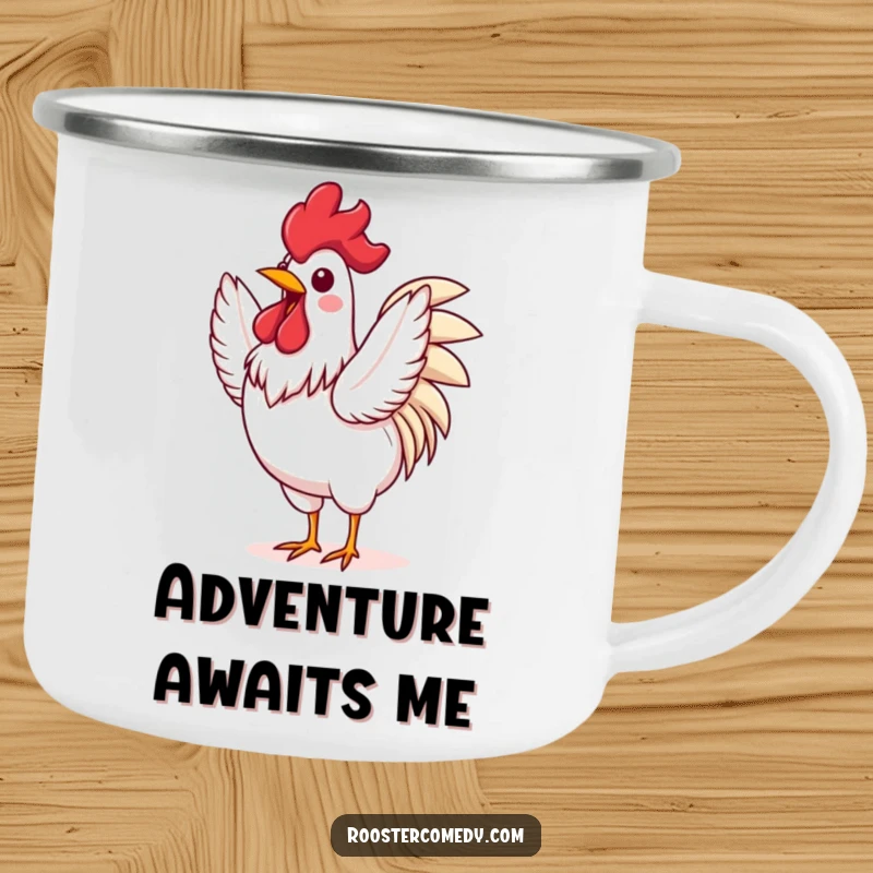 Funny Rooster camping mug showcasing an excited bird flapping its wings, perfect for outdoor enthusiasts who love energy and fun.