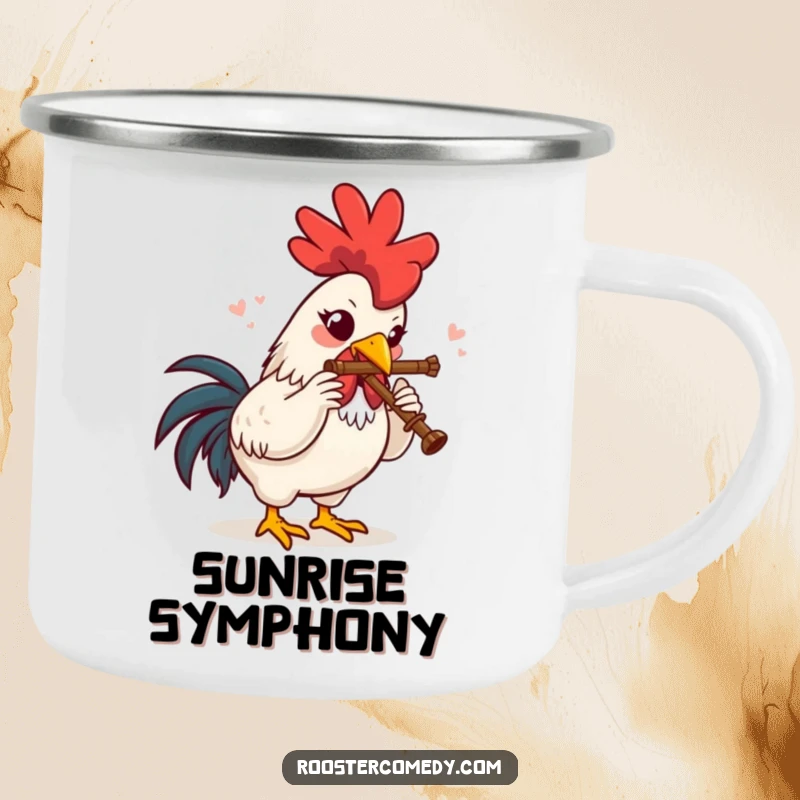 Funny Camping Mug featuring a rooster playing a tiny flute, bringing musical delight to your campfire coffee.