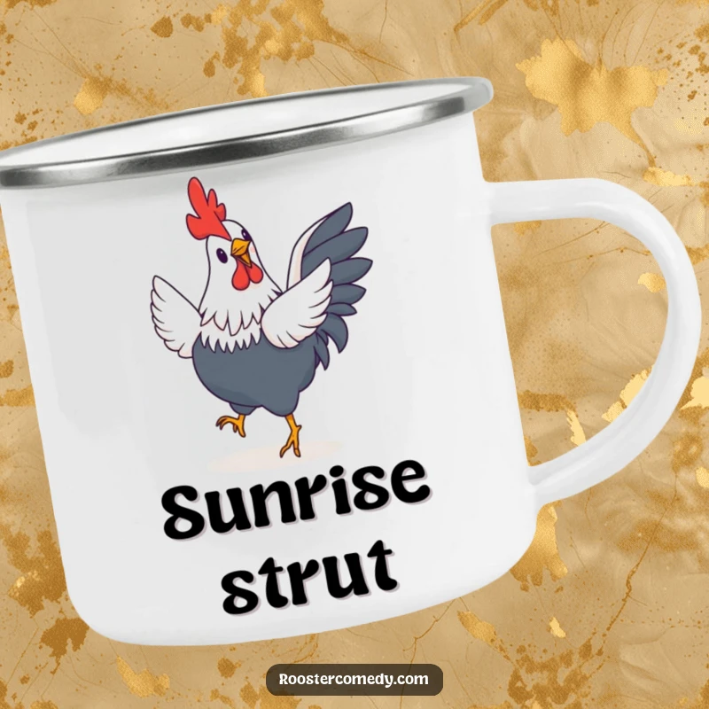 Funny Rooster Camping Mug: A sturdy enamel mug featuring a rooster with comically small wings enthusiastically performing a happy little jig in nature.