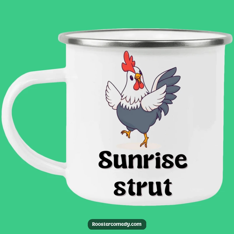 Funny Rooster Jig Camping Mug: Durable Enamel Mug with a Tiny Winged Bird Doing a Happy Jig - Outdoor Fun!