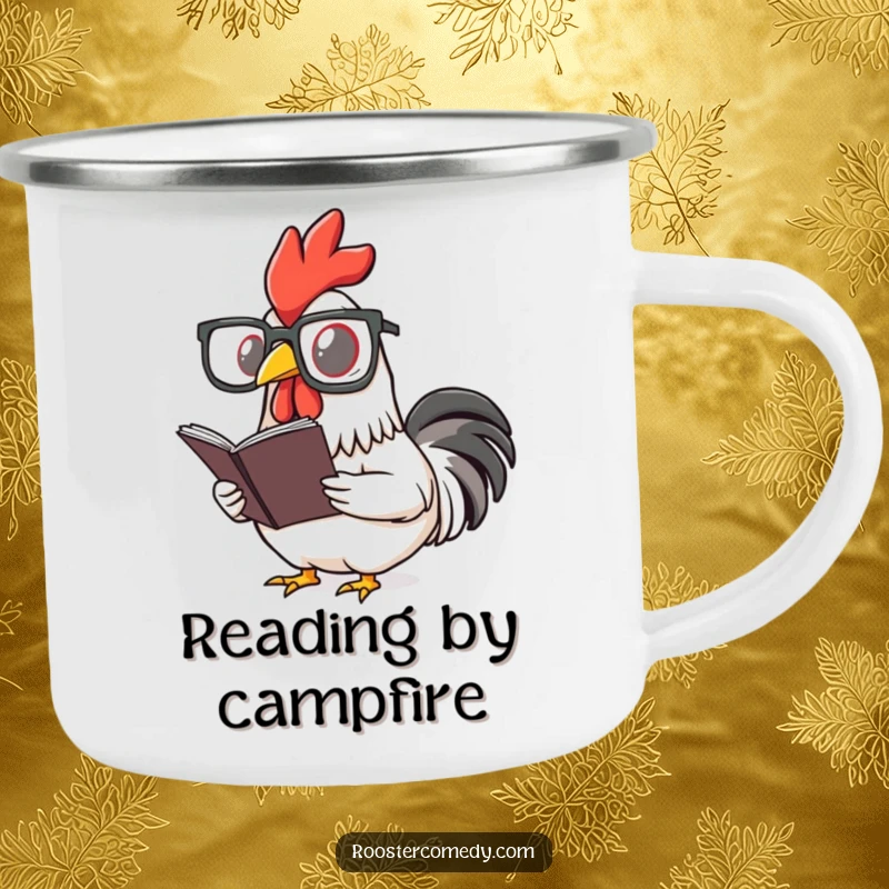 Funny rooster camping mug with a bird wearing spectacles, reading a book. Ideal for outdoor reading enthusiasts.