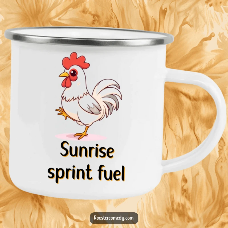 Funny rooster camping mug, a durable mug with a bird tapping its foot, ready to sprint, perfect for outdoor enthusiasts.