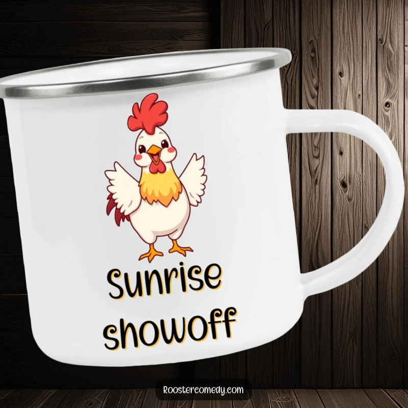 Funny camping mug featuring a rooster enthusiastically fanning its tail feathers with a big grin, ideal for outdoor adventures and proud moments.