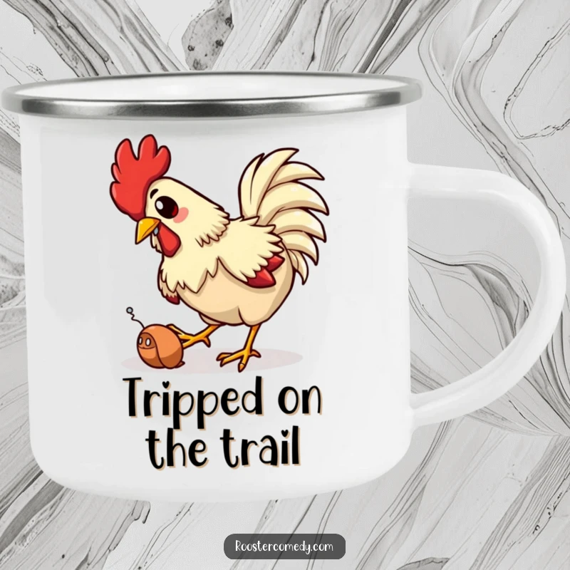 Funny camping mug featuring a rooster comically tripping while trying to catch a worm, ideal for outdoor adventures and laughs.