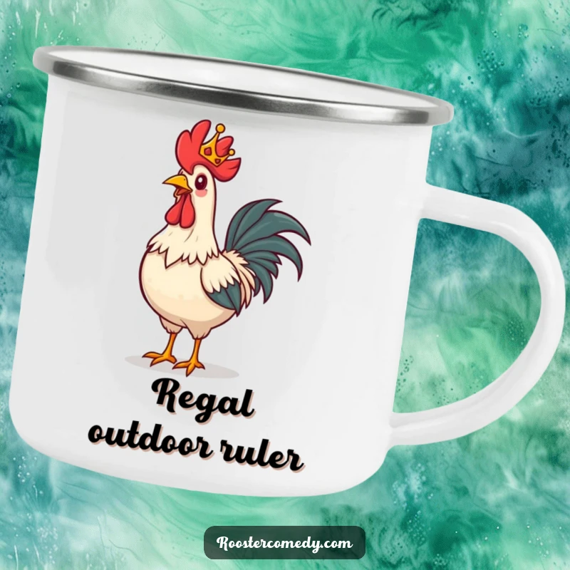 Funny rooster camping mug, a rooster with a tiny crown strutting proudly, ideal for regal outdoor enthusiasts.