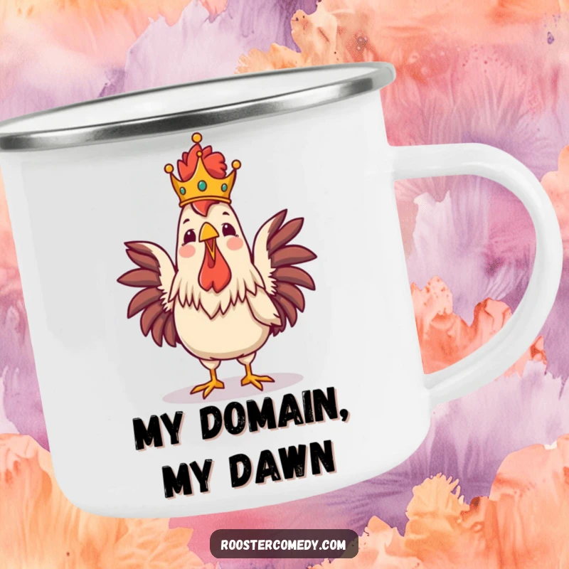 Funny Royal Rooster Crowing Camping Mug, enamel mug with a proud crowned rooster, majestic and funny outdoor gear, great for camping.