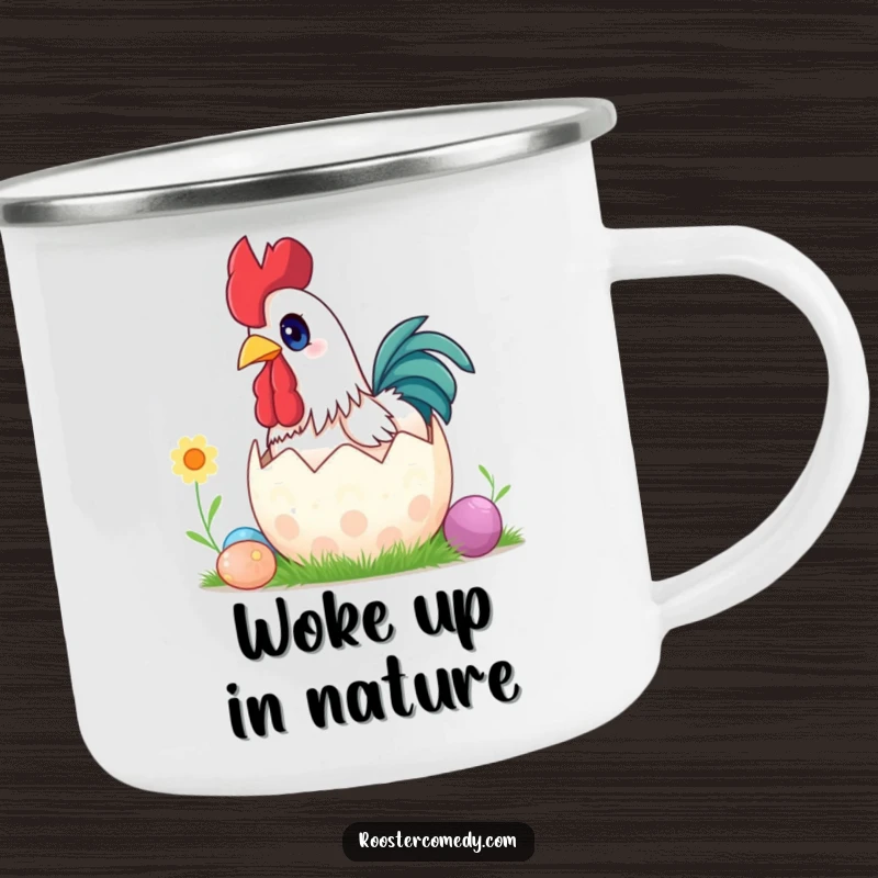Funny surprise rooster Easter camping mug, wide eyes, popping out of egg, enamel mug, outdoor gear.