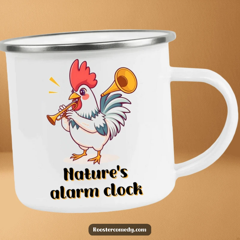 Funny rooster camping mug showing a bird playing a tiny trumpet, ready for outdoor adventures and morning coffee.