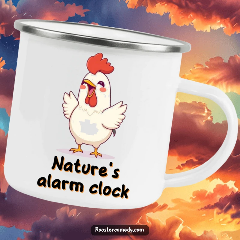 Funny Rooster camping mug showcasing a cheerful bird joyfully crowing with an open beak, perfect for outdoor enthusiasts with a sunny disposition.