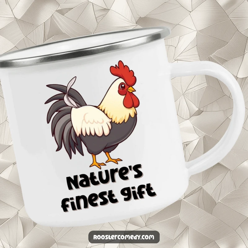 Funny proud rooster camping mug, an enamel cup showing a rooster confidently presenting a single feather.