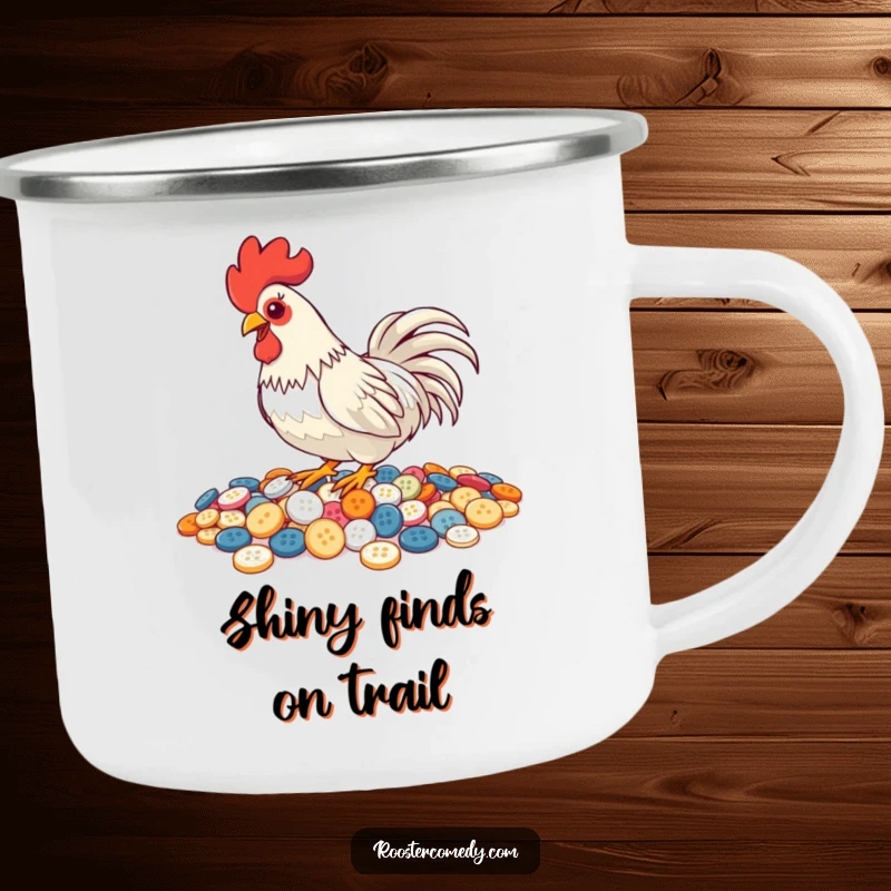Funny Pecking Rooster Camping Mug, enamel mug with a rooster pecking buttons, shiny and humorous outdoor gear, great for camping.