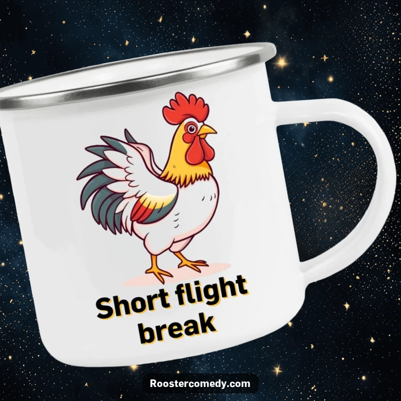 Funny camping mug featuring a rooster happily flapping its wings as if flying a short distance, ideal for outdoor adventures and hopeful moments.