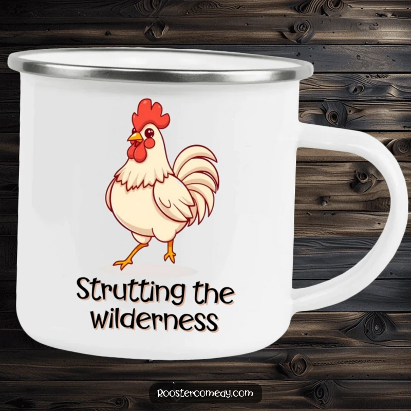 Funny Kawaii rooster strutting confidently with puffed chest, on a sturdy enamel camping mug.