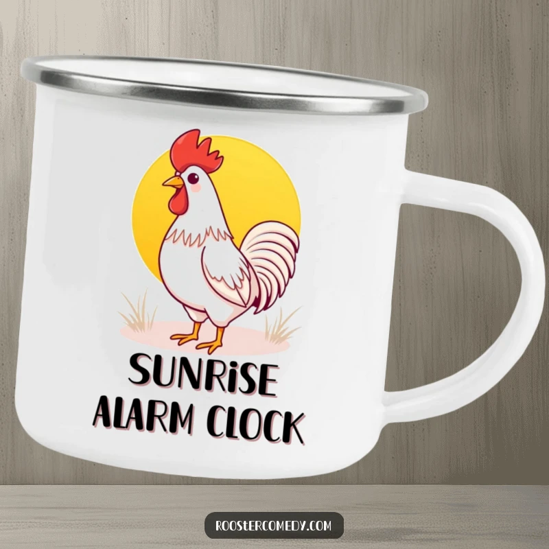Funny Kawaii rooster camping mug featuring a cute rooster crowing at a sunrise, ideal for outdoor enthusiasts and morning lovers.