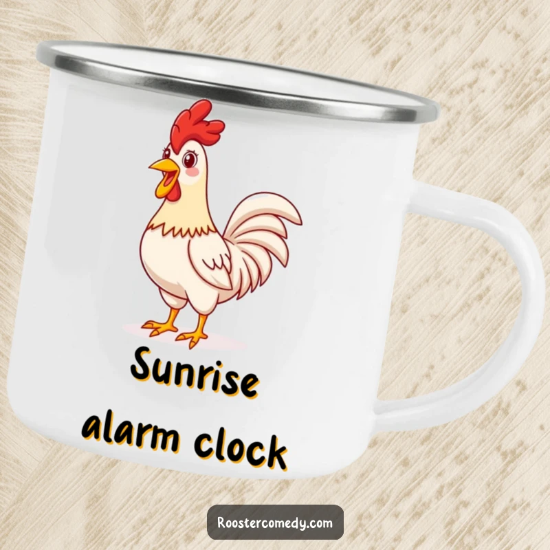 Funny proud rooster camping mug, durable and portable, standing tall and crowing, cheerful farm style, perfect funny gift.