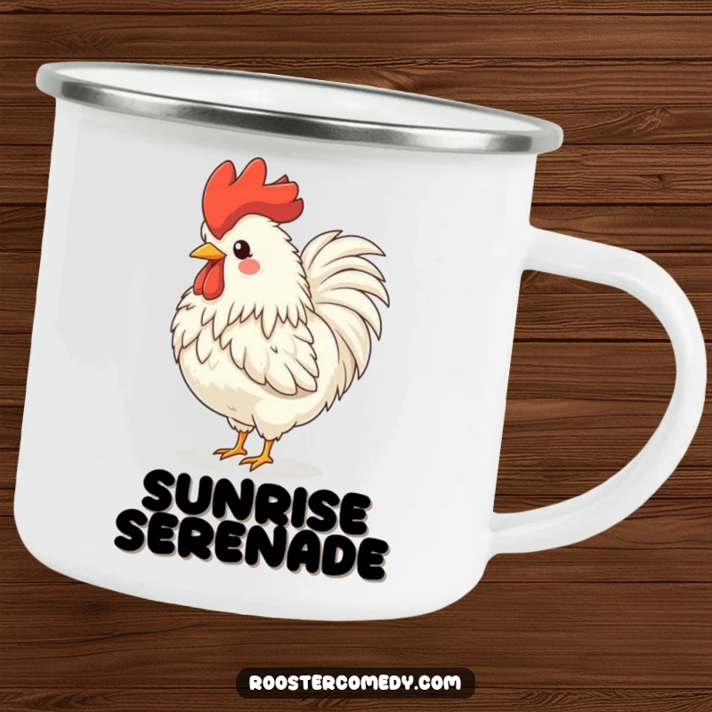 Funny rooster camping mug, a fluffy bird crowing gleefully, head back, ideal for outdoor enthusiasts.