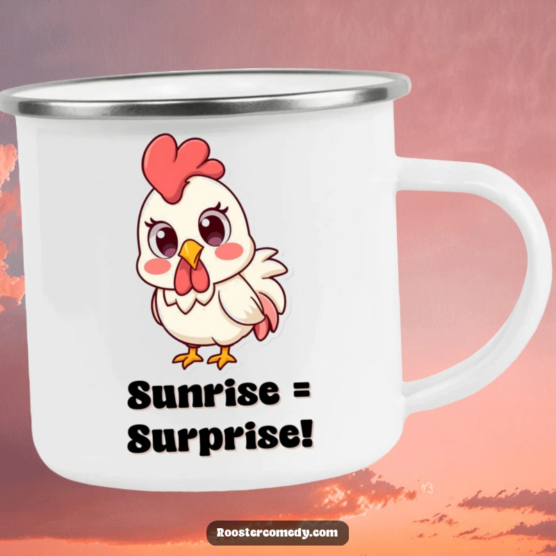 Funny Kawaii rooster with wide, surprised eyes, on a sturdy camping mug.