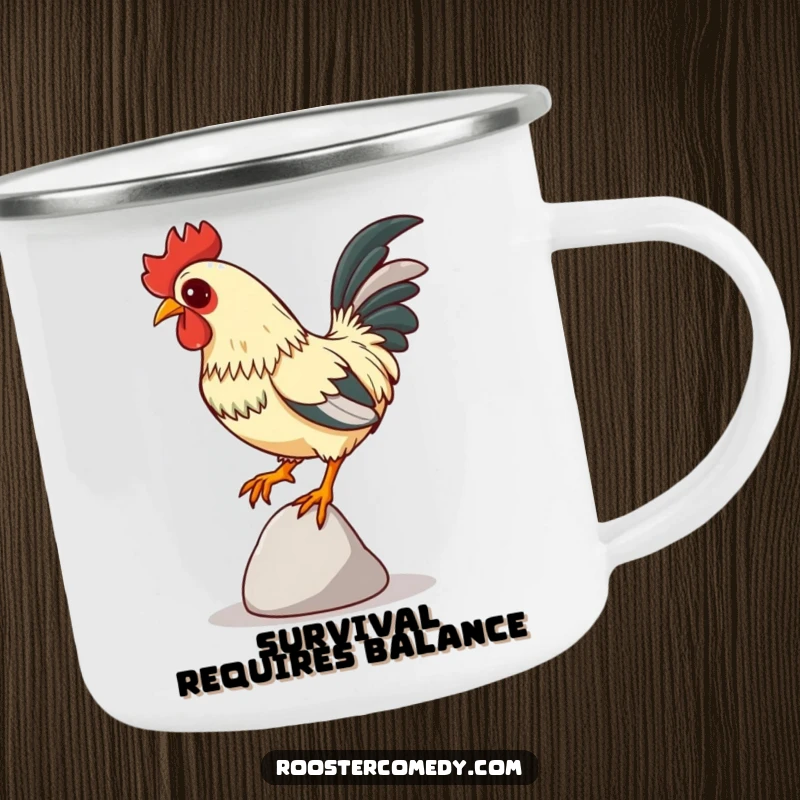 Funny Focused Rooster Camping Mug, enamel mug with a rooster balancing on a pebble, intense focus, humorous and funny outdoor gear.