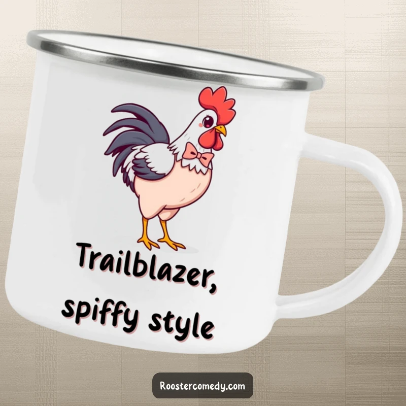 Funny Kawaii Rooster Bowtie Camping Mug: Dapper chicken strutting with a tiny bowtie, durable and stylish for outdoor use, perfect for drinks.