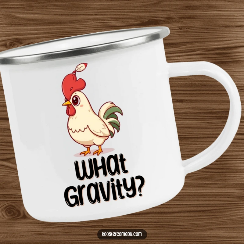 Funny Rooster Camping Mug, showing a bird looking up in shock at a falling feather, ideal for outdoor humor.
