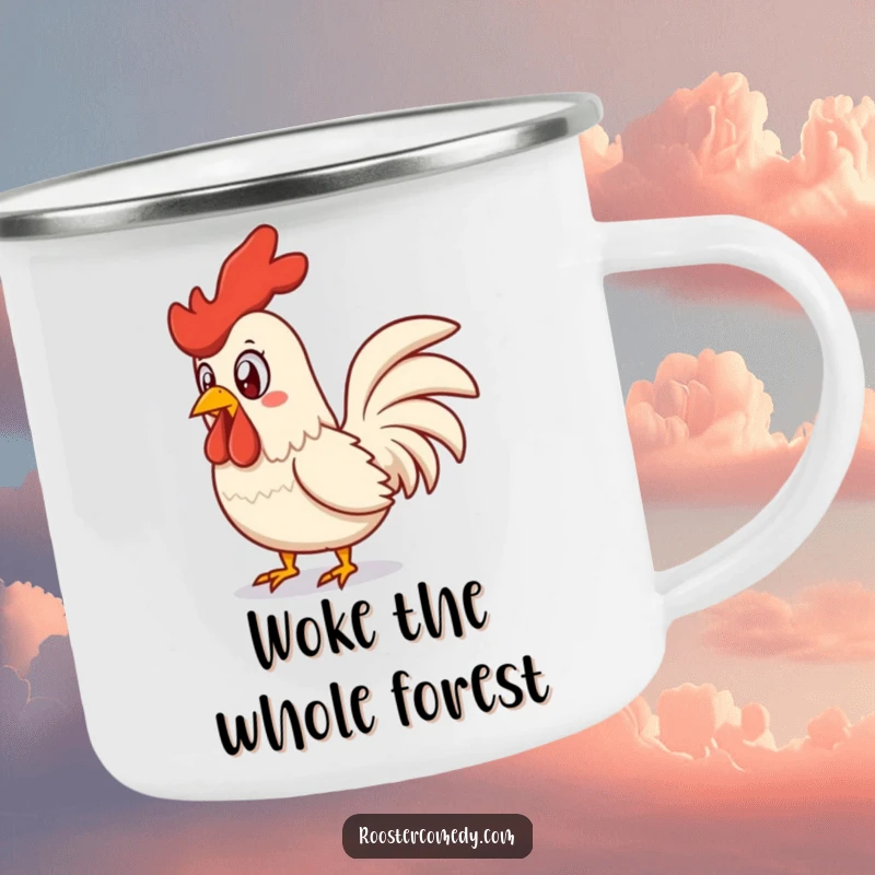 Funny surprised rooster camping mug, an enamel cup showing a startled chicken mid-squawk, perfect for outdoor humor.