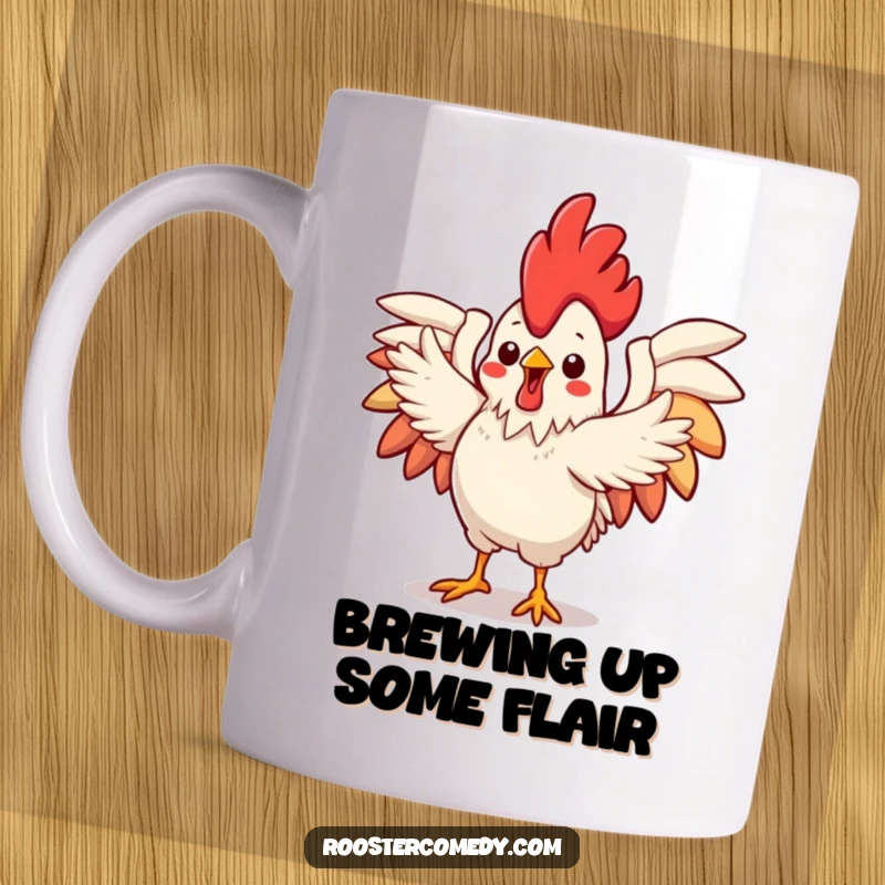 Funny Kawaii Rooster Mug showing a cute rooster with outstretched wings, performing an energetic and flamboyant dance with joyful abandon.