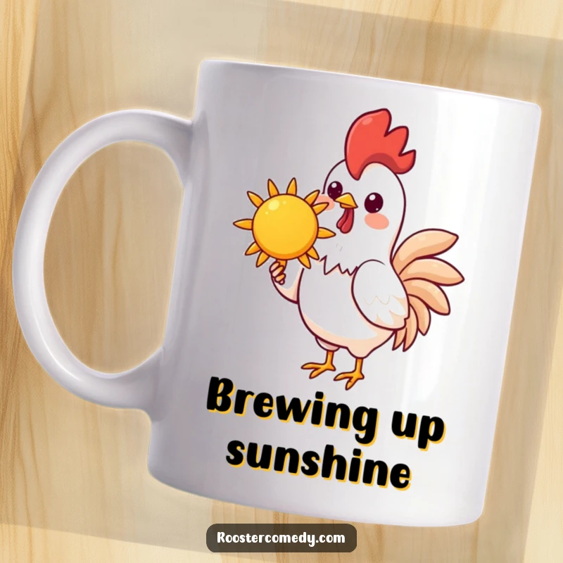 Funny Kawaii Rooster Sun Mug: A cute kawaii rooster holds a cheerful sun in its beak, bringing funny, warm vibes to your coffee.