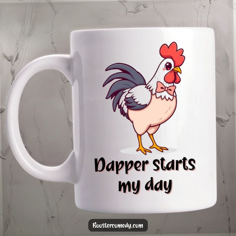 Funny Kawaii Rooster Bowtie Mug: Dapper chicken strutting confidently with a tiny bowtie, elegant and humorous design for coffee lovers.