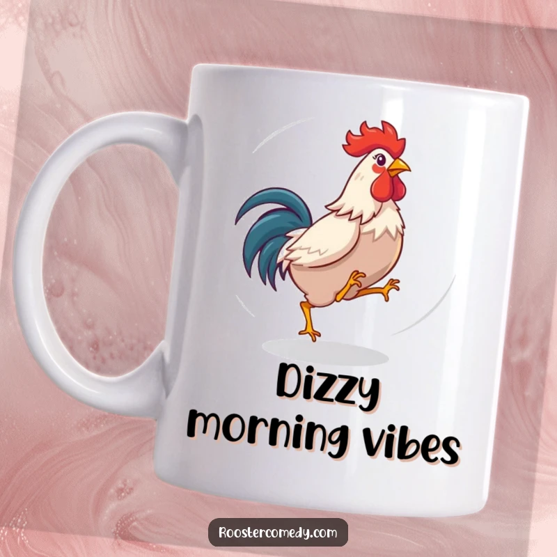 Funny dizzy rooster chasing its tail in a circle on this mug, radiating playful energy and humorous chaos.