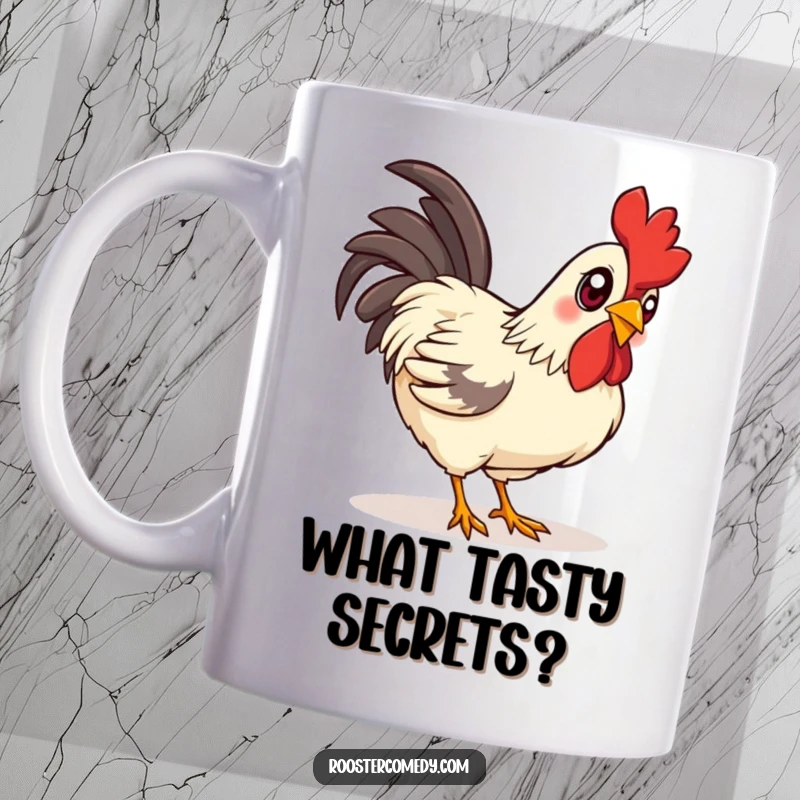 Funny curious rooster mug, with bright, inquisitive eyes focused on pecking the ground, embodying playful exploration.