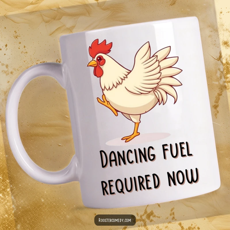 Funny rooster mug, captured mid-dance with energetic leg kicks and enthusiastic wing flaps, celebrating with pure joy and rhythm.