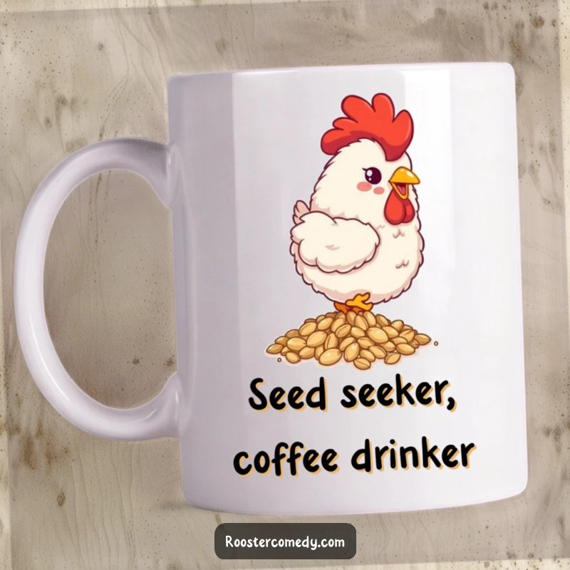 Funny fluffy rooster mug, happily pecking shiny seeds, cute farm animal, symbol of joy, perfect funny gift for bird lovers.